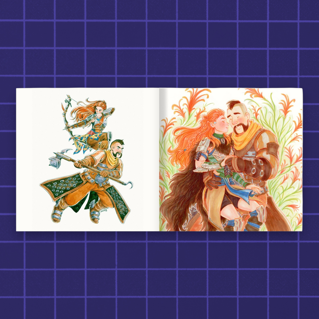 Godliath Two Minutes Vol IV art book open to pages showing Ereloy character sketches and a romantic illustration.