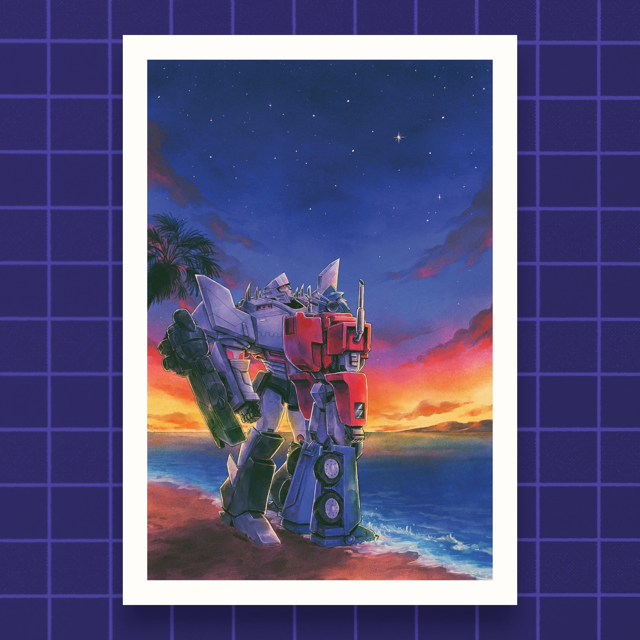 Godliath Wonderful World print featuring Optimus Prime and Megatron standing on a beach at sunset on matte paper