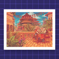 Godliath Horizon Forbidden West art print featuring Aloy and Erend dining on a sun-drenched terrace in a desert city.