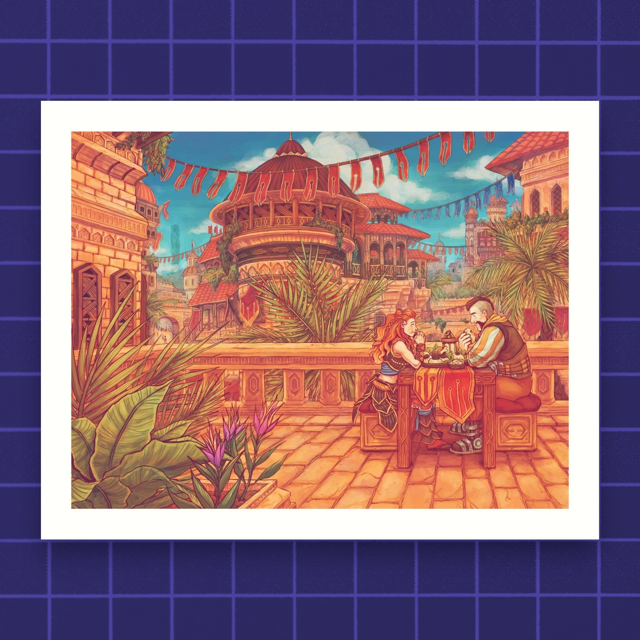 Godliath Horizon Forbidden West art print featuring Aloy and Erend dining on a sun-drenched terrace in a desert city.
