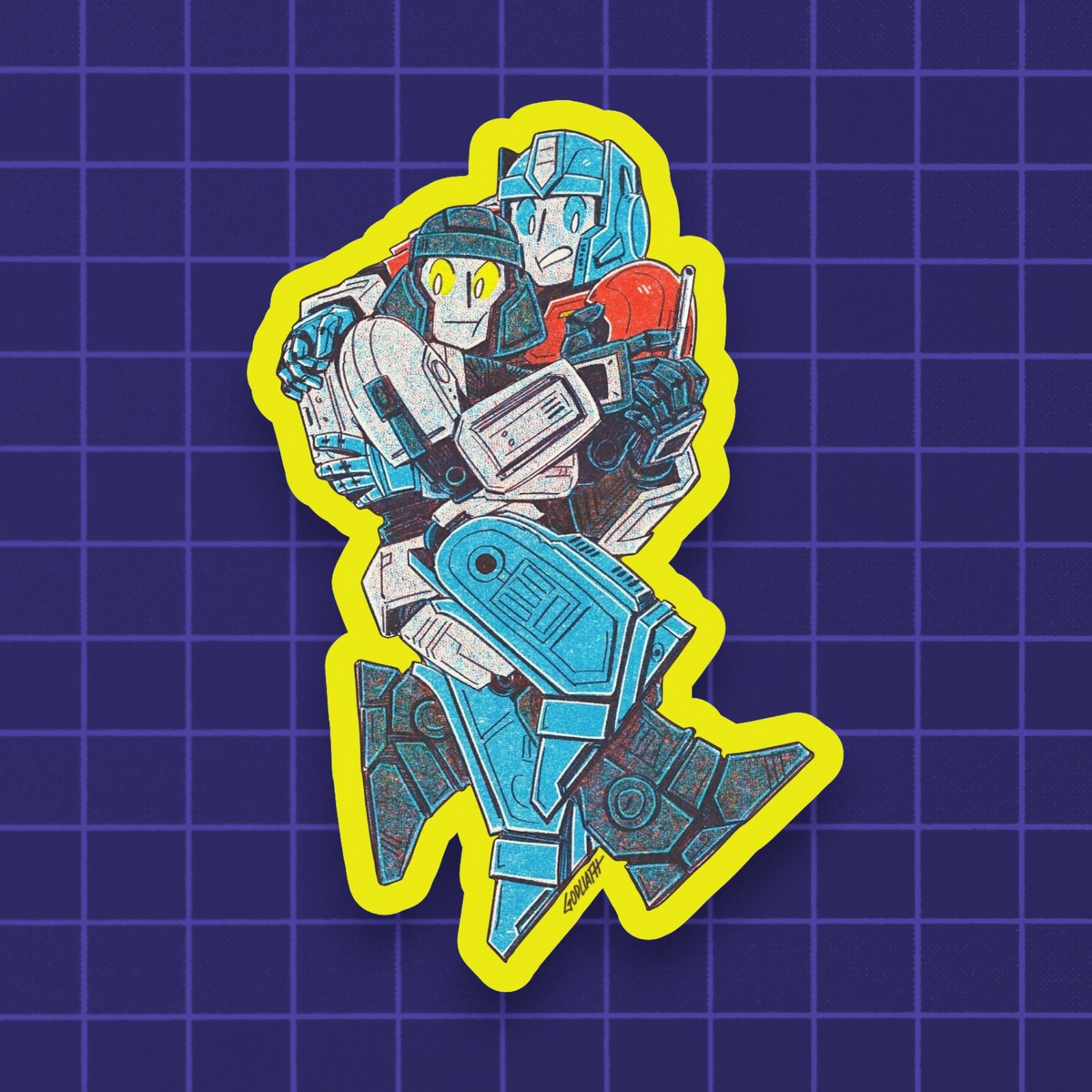 Godliath DPax In a Bind matte vinyl sticker featuring two robot characters embracing on a yellow background
