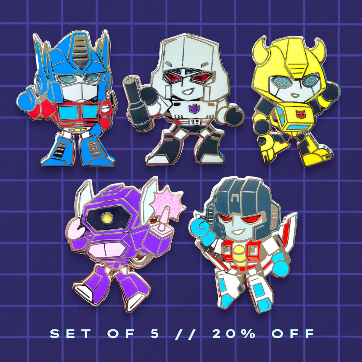 Five Transformers chibi enamel pins including Optimus Prime, Megatron, Bumblebee, Shockwave, and Starscream