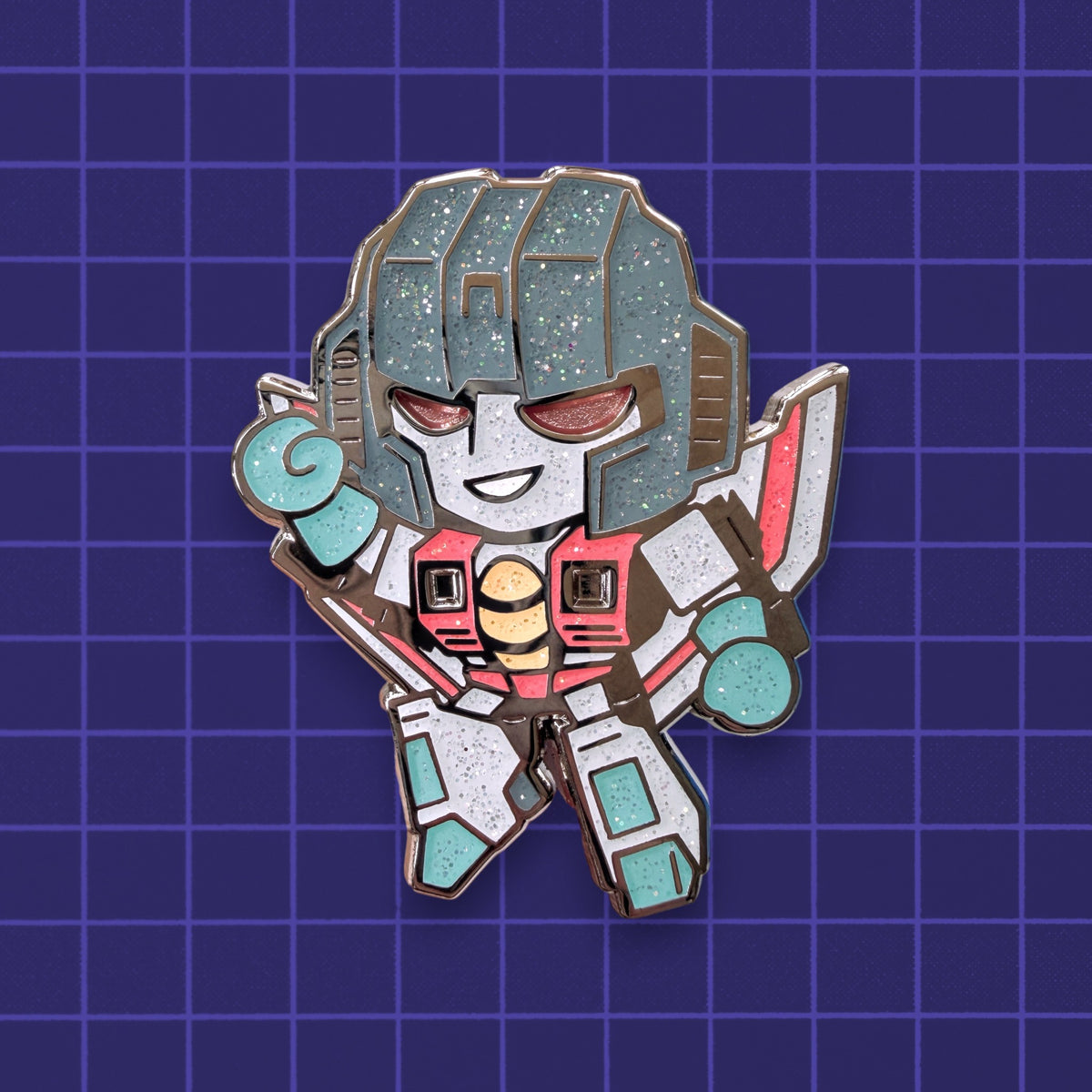 A chibi Transformers Ghost Starscream hard enamel pin with glitter enamel